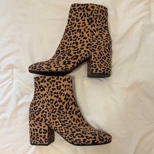 Leopard Print Block Heel Ankle Boots - Brown